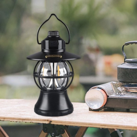 Lampă de camping retro portabilă, Felinar Vintage LED ABS, Acumulator inclus 1200 mAh, reincarcabila, 20 cm inaltime, 3 moduri de iluminare, intensitate reglabila,Lampa portabila pentru cort în aer liber, Negru