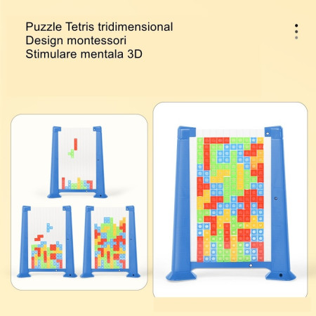 Joc de inteligenta Tetris puzzle tangram Flippy, 70 de piese multicolore, 3D, montessori, interactiv, din plastic, zar inclus, sac depozitare piese, varsta peste 6 ani, 23 x 19.8 x 5 cm, cadru albastru