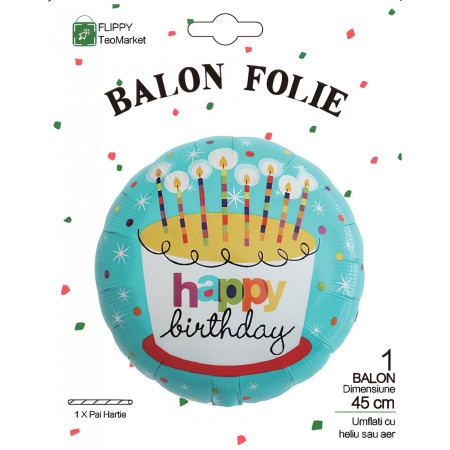 Balon din Folie Metalizata, Flippy, Mini Figurina Rotunda, Model Happy Birthday Tort, Tema Aniversare, 45 cm, Ambalaj Individual, Pai inclus, Umflare cu Aer sau Heliu, Albastru