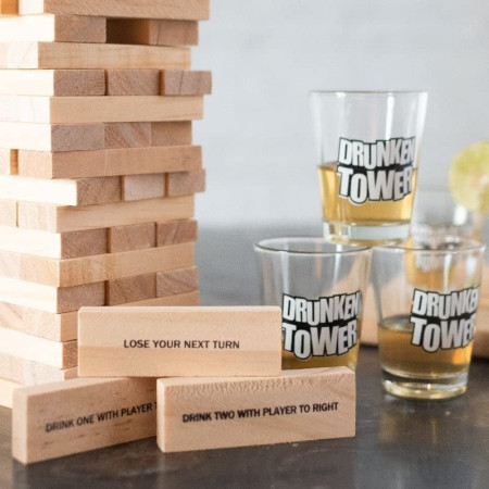 Joc de Baut Jenga Flippy, Turnul Betivului din Lemn, Piese cu Provocari, Pahare de Shot din Sticla Incluse, 19 x 7 x 20 cm