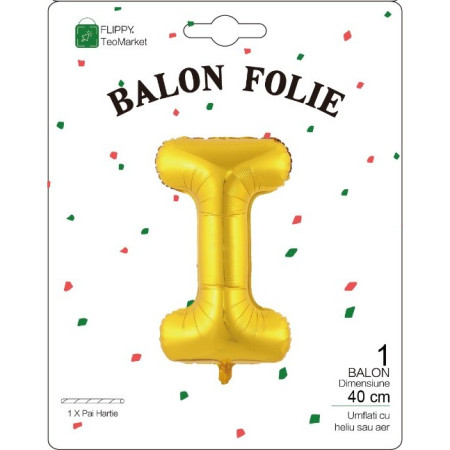 Balon Folie Metalizata Litera I, Flippy, 40 cm, Umflati cu Heliu sau Aer, Ambalaj Individual, Pai inclus, Auriu