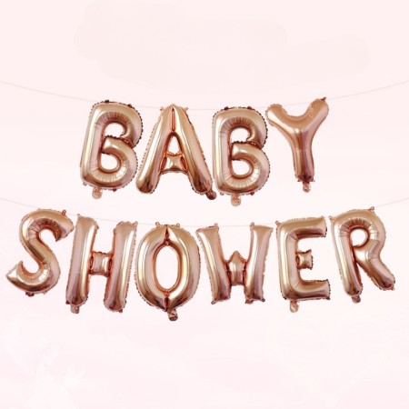 Set Baloane din Folie Metalizata, Flippy, Model Baby Shower, Litere de 40 cm, Baloane Party, Ambalaj Individual, Pai, Ata si Adeziv Incluse, Umflare cu Aer sau Heliu, Rose Gold