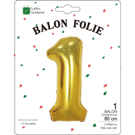 Balon din Folie Metalizata Flippy, Figurina Cifra, Tema Aniversare 80 cm, Ambalaj Individual, Pai inclus, Umflare cu Aer sau Heliu, Auriu, Cifra 1