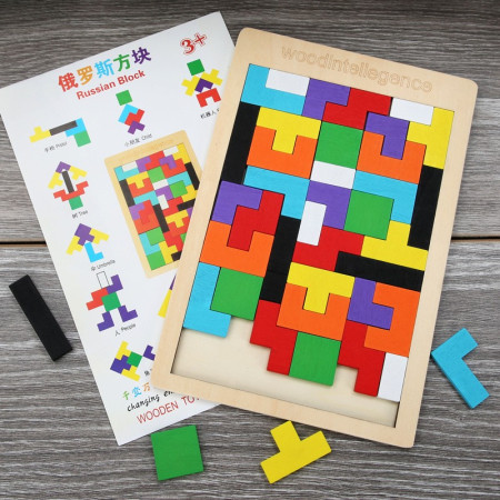 Puzzle Montessori, Flippy, din Lemn, Tip Tetris, +36 Luni, Forme Neregulate, 40 Piese, 26.5 x 17.7 cm, Multicolor