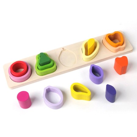 Jucarie Montessori din Lemn, Flippy, Tip Puzzle, cu 5 Forme Asimetrice, 15 Piese, Model Fructe, Educativa, Interactiva, Creativa, Materiale Non Toxice, pentru Copii peste 2 Ani, Baza 29x6.5 cm, Multicolor