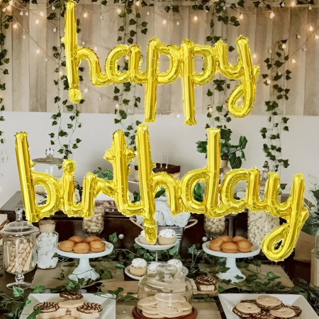 Set Baloane din Folie Metalizată, Flippy, Model Happy Birthday, 45x85 cm, 45x124cm, Baloane Party, Ambalaj Individual, Pai inclus, Umflare cu Aer sau Heliu, Gold