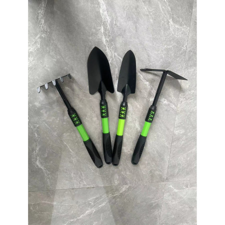 Set 4 Unelte de Gradina Flippy, pentru Plantare, Prelucrare Sol si Ingrijire Plante, Material PVC Carbon, Grebla, Sapaliga cu Cap Dublu, Lopata Mica, Lopata Lata, 43 x 11 cm, Negru/Verde