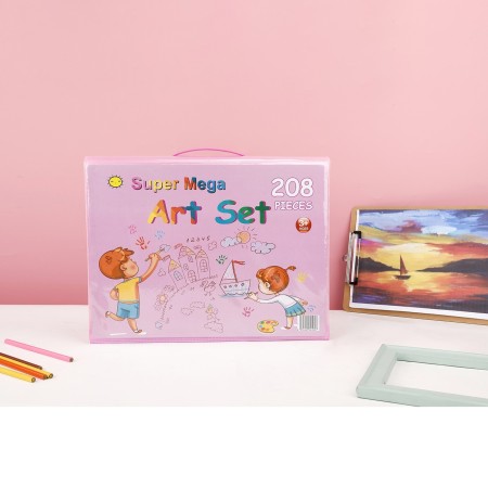 Set 208 Piese, Complet pentru Pictura si Desen, Flippy, Tip Servieta, 3-12 Ani, 40.5 x 5 x 30 cm, Roz