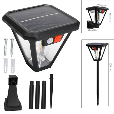 Lampa Solara LED, Flippy, Tip Felinar, pentru Perete/Sol, 10.8 x 12.3 x 46 cm, 3 Moduri, Lumina Calda, din ABS si PP, Negru