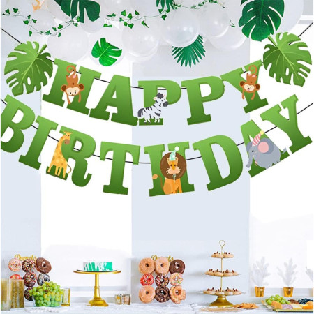 Banner Happy Birthday 100x200 cm, Flippy, Rola de Ata Inclusa, Tematica Jungle, Verde