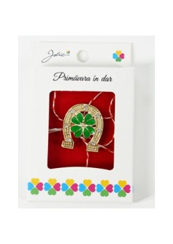 Martisor Brosa Mica in Cutie, Dimensiune Brosa 2.5-3 cm, Material Metal, Model Potcoava cu Trifoi