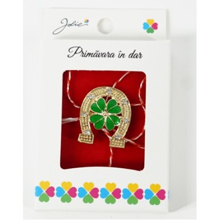 Martisor Brosa Mica in Cutie, Dimensiune Brosa 2.5-3 cm, Material Metal, Model Potcoava cu Trifoi