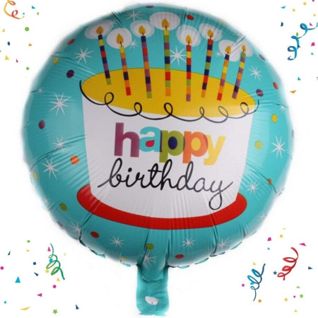 Balon din Folie Metalizata, Flippy, Mini Figurina Rotunda, Model Happy Birthday Tort, Tema Aniversare, 45 cm, Ambalaj Individual, Pai inclus, Umflare cu Aer sau Heliu, Albastru