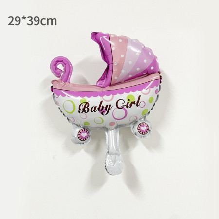 Balon din Folie Metalizata, Flippy, Mini Figurina, Model Carucior Bebelus, Tematica Gender Reveal, 39x29 cm, Ambalaj Individual, Pai Inclus, Umflare cu Aer sau Heliu, Roz