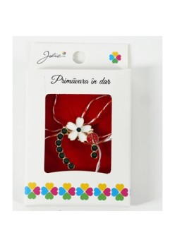 Martisor Brosa Mica in Cutie, Dimensiune Brosa 2.5-3 cm, Material Metal, Model Potcoava cu Floare Alba