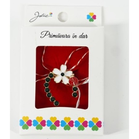 Martisor Brosa Mica in Cutie, Dimensiune Brosa 2.5-3 cm, Material Metal, Model Potcoava cu Floare Alba