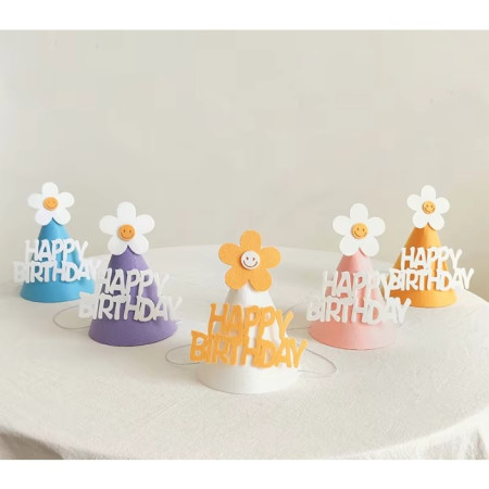 Set 3 Coifuri Happy Birthday, Flippy, pentru Petrecere, Tematica Aniversare, cu Floare din Spuma, Multicolor