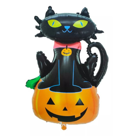 Set 5 Baloane din Folie Metalizata, Flippy, Figurine, Tema Halloween, Pai Inclus, Ambalaj Individual, Umflare cu Aer sau Heliu, Figurina Dovleac si Pisica 90x60 cm, Stelute si Cerculete 45 cm, Portocaliu-Negru