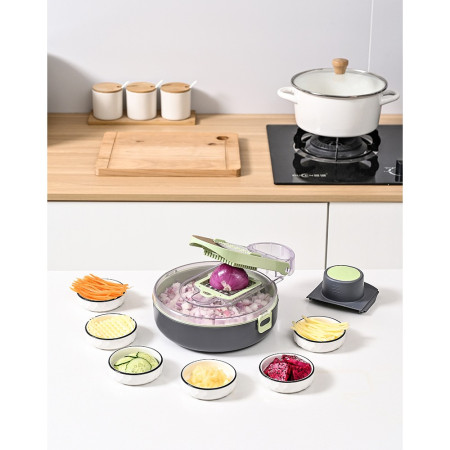 Feliator Multifunctional, Flippy, Razatoare, 8 in 1, pentru Fructe si Legume, 12 Piese, Lame de Inox, Recipient Stocare, Separator Oua, Protectie Mana, ABS, Gri/Verde, 29.5x9x21.8 cm