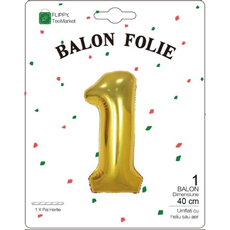 Balon din Folie Metalizata Flippy, Figurina Cifra, Tema Aniversare 40 cm, Ambalaj Individual, Pai inclus, Umflare cu Aer sau Heliu, Auriu, Cifra 1