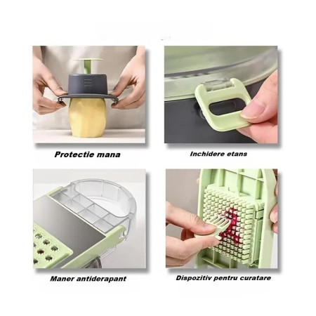 Feliator Multifunctional, Flippy, Razatoare, 8 in 1, pentru Fructe si Legume, 12 Piese, Lame de Inox, Recipient Stocare, Separator Oua, Protectie Mana, ABS, Gri/Verde, 29.5x9x21.8 cm