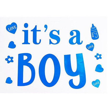 Sticker Autocolant, Flippy, Tematica Gender Reveal, Model Scris It's a Boy, 19.5x27.5 cm, Albastru