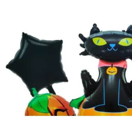 Set 5 Baloane din Folie Metalizata, Flippy, Figurine, Tema Halloween, Pai Inclus, Ambalaj Individual, Umflare cu Aer sau Heliu, Figurina Dovleac si Pisica 90x60 cm, Stelute si Cerculete 45 cm, Portocaliu-Negru