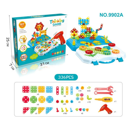 Jucarie Educativa Si Interactiva, Flippy, Set De Constructie Puzzle Din ABS Cu Bormasina Pentru Dezvoltatea Creativitatii Si A Indemanarii 2D si 3D, Valiza, +3, 31x7x25 cm, 336 Piese