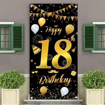 Banner pentru Petrecere, Flippy, Model Happy Birthday, Tematica Majorat, Aniversare 18 Ani, 185x90 cm, Negru