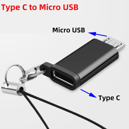 Adaptor Type C (mama) to micro USB (tata) cu Agatatoare Breloc inclusa, 2.5 cm lungime, Negru