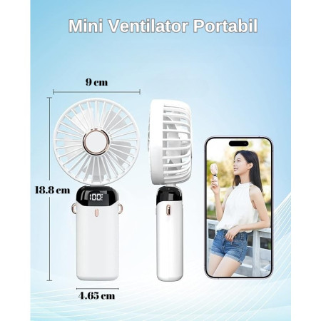 Ventilator Ultra Portabil cu Aromaterapie, Flippy, 3 in 1, de Mana, de Birou, de Gat, 5 Trepte de Viteza, Incarcare USB, Autonomie 12h, Pliabil, cu Ecran LCD, Alb