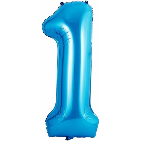 Balon din Folie Metalizata Flippy, Figurina Cifra si Coroana, Tema Aniversare 100 cm, Ambalaj Individual, Pai inclus, Umflare cu Aer sau Heliu, Albastru, Cifra 1