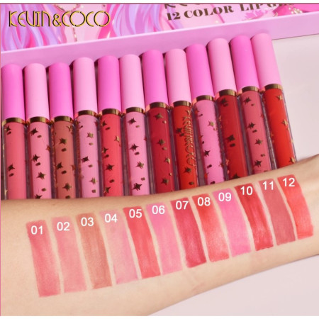 Set 12 Lip Gloss Kevin&Coco, nuante de rosu, rose, nude, roz, cutie dreptunghiulara, 26.5x16.5x2.2 cm, 200 g, multicolor