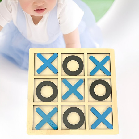 Jucarie Montessori Tic Tac Toe, Flippy, Educativa, Interactiva, din lemn, X si O, 9 Piese, 14.3x14.3 cm, Albastru Negru