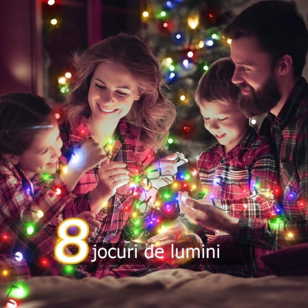 Instalatie de Craciun liniara Yoto, 24 m, din care 1 m cablu priza 220V, 300 LED, 8 jocuri de lumini, beculet in 6 colturi, pentru interior, controler, fir negru, multicolor