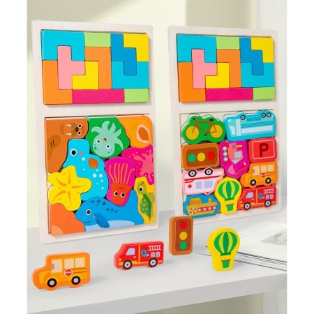 Puzzle Montessori din Lemn pentru Copii, Flippy, Tip Tetris 2in1 +3 Ani, cu Animale Marine Colorate 3D, Educativ, Intuitiv, Creativ, 21 de Piese, 28.5x17x1.2 cm, Multicolor