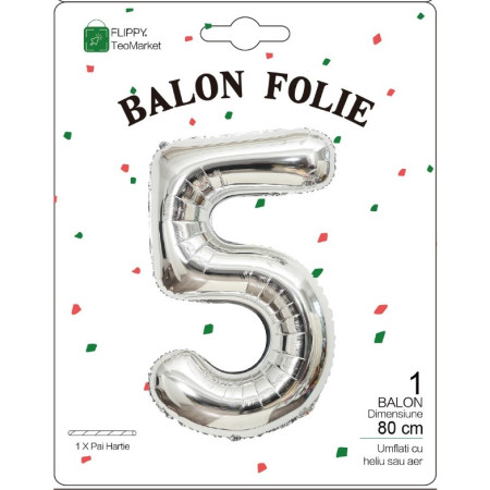 Balon din Folie Metalizata, Flippy, Figurina Cifra, Tema Aniversare 80 cm, Ambalaj Individual, Pai inclus, Umflare cu Aer sau Heliu, Argintiu, Cifra 5