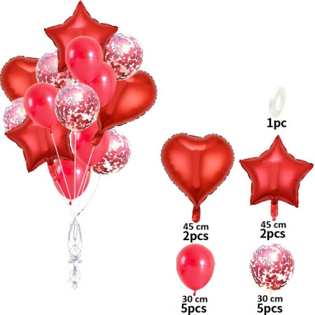 Set 14 Baloane din Folie Metalizată si din Latex, Flippy, Figurine Stea si Inima 45 cm, Baloane Latex 30 cm, Tema Buchet, Ambalaj Individual, Pai Inclus, Umflare cu Aer sau Heliu, Rosu