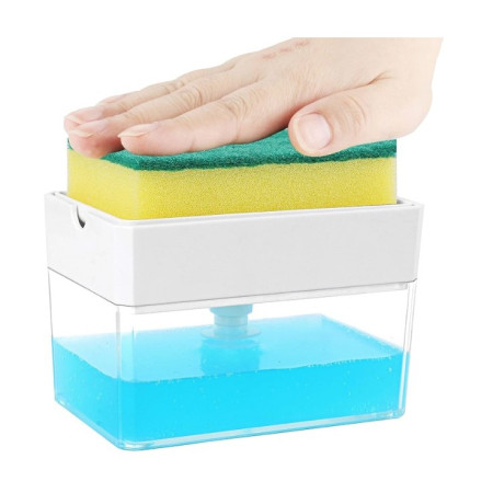 Dozator Flippy, Dispenser 2 in 1 pentru Detergent Lichid de Vase sau pentru Obiecte Sanitare cu Suport pentru Burete de Bucatarie ,14 x 10.5 x 10 cm, capacitate 380 ml, alb