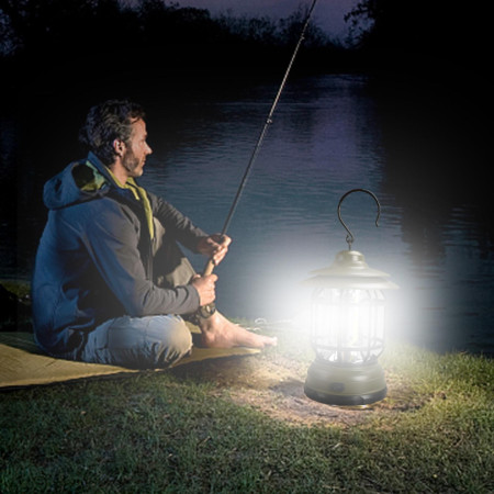 Lampa portabila camping, Felinar Vintage cu carlig, ABS, Iluminare 21 COB LED, Intensitate reglabila, 5W, Flippy, Verde