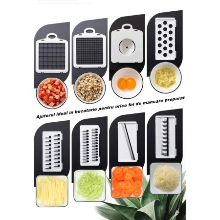 Feliator Multifunctional, Flippy, Razatoare, 8 in 1, pentru Fructe si Legume, 10 Piese, Lame de Inox, Recipient Stocare, Separator Oua, Protectie Mana, ABS, 32.2x11.3 cm, Albastru/Alb