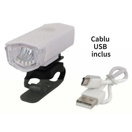 Far cu LED proiector pentru bicicleta\trotineta, Flippy, reincarcabil, cablu USB inclus, 3 moduri de lumina, IPX4, Alb, 6.5x2.9x2.3 cm