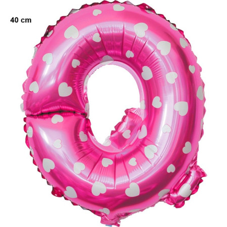 Balon Folie Metalizata Litera Q, Flippy, 40 cm, Cu Imprimeu Inimioare, Umflati cu Heliu sau Aer, Ambalaj Individual, Pai inclus, Roz