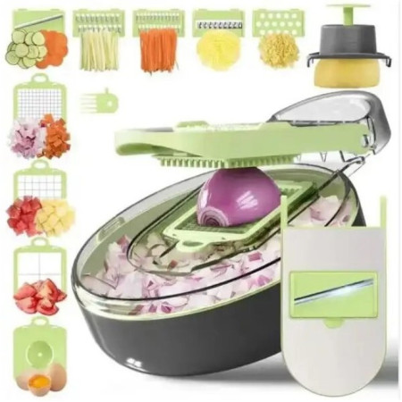 Feliator Multifunctional, Flippy, Razatoare, 8 in 1, pentru Fructe si Legume, 12 Piese, Lame de Inox, Recipient Stocare, Separator Oua, Protectie Mana, ABS, Gri/Verde, 29.5x9x21.8 cm