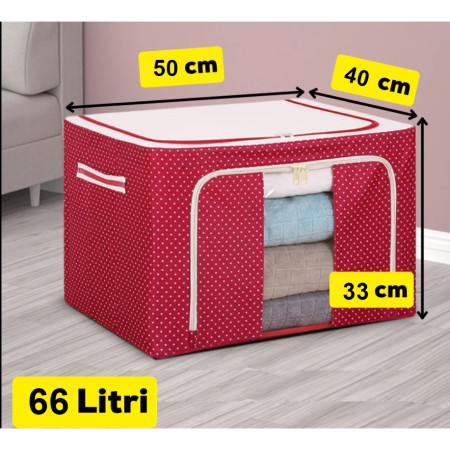 Cutie de Depozitare Pliabila, Flippy, 66 L, din Tesatura Oxford, 50x40x33 cm, Fereastra Frontala, 2 Usi de Acces cu Fermoar Bidirectional, Cadru Metalic, Suport Baza Stabil din Plastic, Imprimeu Buline, Rosu