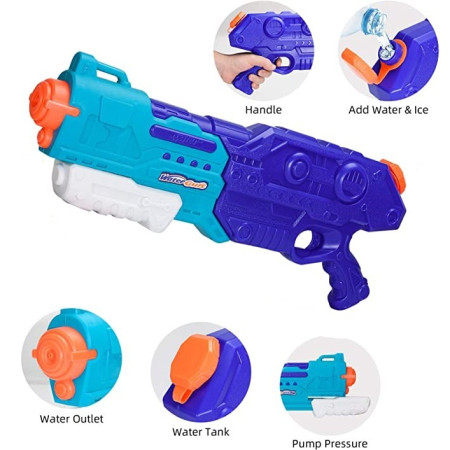 Pistol cu Apa pentru Copii, Rezervor de 1500 ml, Maner de transport, Pentru Piscina/Plaja, Flippy, 3 ani+, Bleumarin, Lungime 44 cm