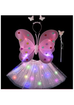 Costum Fluturas cu Aripi Modelabile Luminoase pentru Copii, Flippy, Fusta din Tul cu Lumini, Bagheta si Bentita, 4 piese, Pentru Halloween, Cosplay, Craciun, Carnaval, Paste, Ziua Copilului, Bumbac/Poliester, Marime universala, Roz