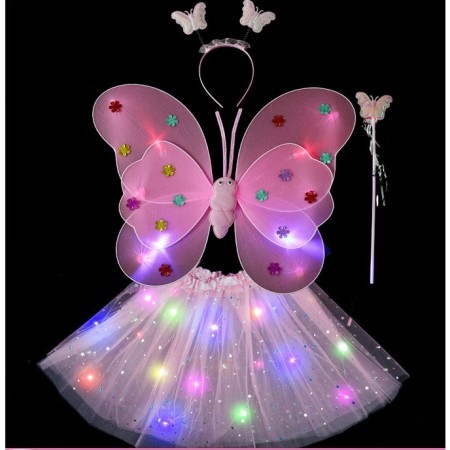 Costum Fluturas cu Aripi Modelabile Luminoase pentru Copii, Flippy, Fusta din Tul cu Lumini, Bagheta si Bentita, 4 piese, Pentru Halloween, Cosplay, Craciun, Carnaval, Paste, Ziua Copilului, Bumbac/Poliester, Marime universala, Roz