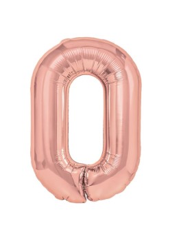 Balon din Folie Metalizata Flippy, Figurina Cifra, Tema Aniversare 40 cm, Ambalaj Individual, Pai inclus, Umflare cu Aer sau Heliu, Rose Gold, Cifra 0