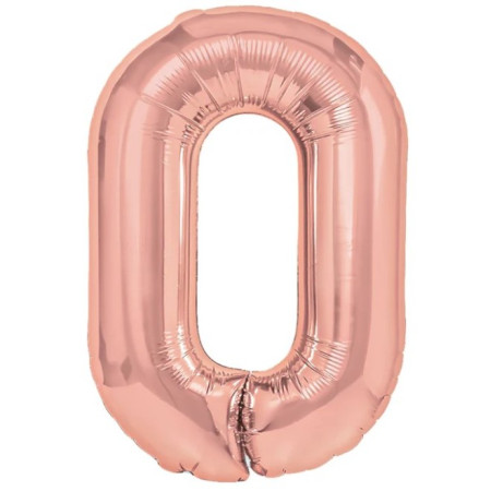 Balon din Folie Metalizata Flippy, Figurina Cifra, Tema Aniversare 40 cm, Ambalaj Individual, Pai inclus, Umflare cu Aer sau Heliu, Rose Gold, Cifra 0